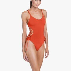Robin Piccone Aubrey Lace-Up One-Piece Swimsuit 10 Orange Stretch Vacation Beach